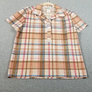 Vintage Ina Carol Top Women 12 Plaid Short Sleeve Button Stretch See Through 80s